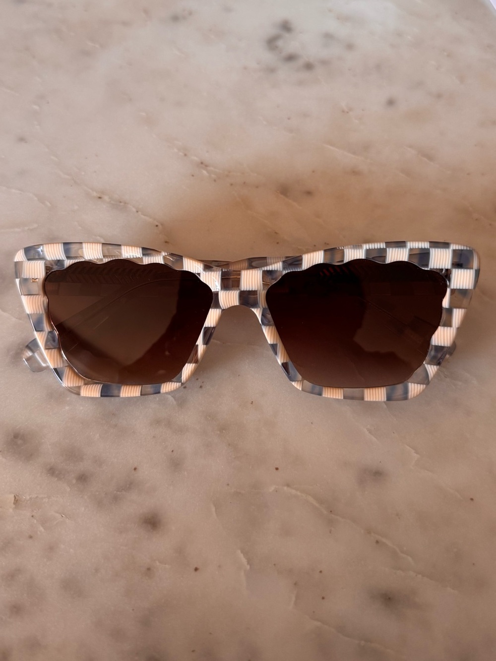 KREWE Brigitte Cat Eye Sunglasses — Blue & Cream Checkered, Brown Lenses